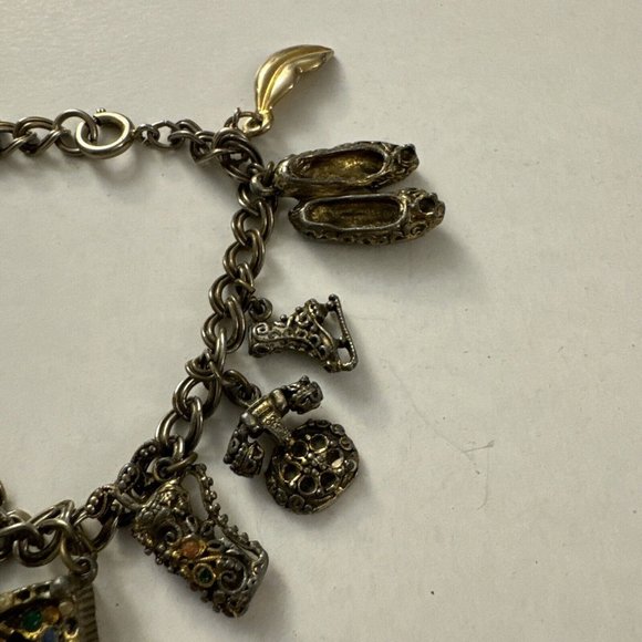 Vintage Charm Bracelet 10 Charms Clock Lips Phone Shorts And More D10 - Picture 2 of 7